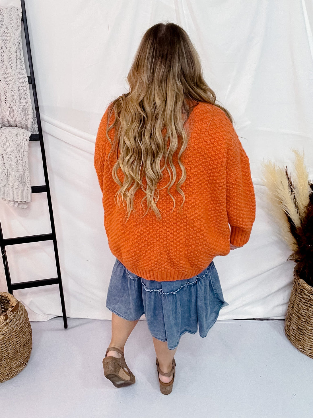 Chunky Sweater Cardigan Coat with Denim Collar and Pockets - Whiskey Skies - DAVI & DANI