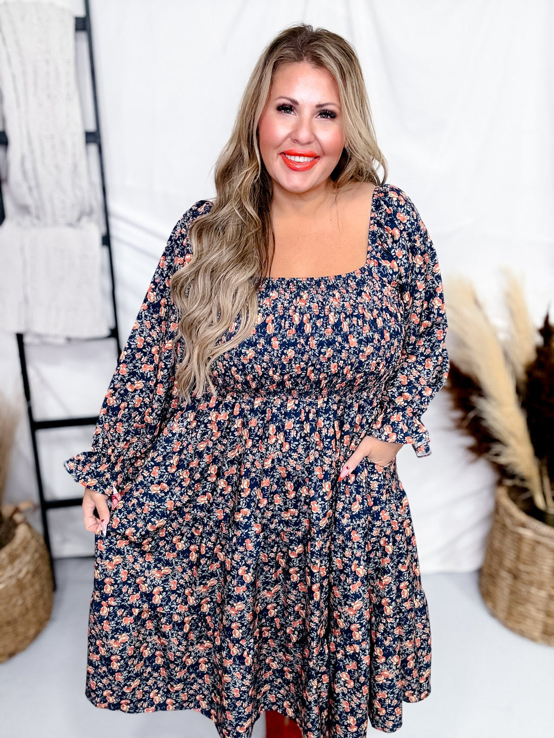 Citrus Bloom Mid Length Dress with Square Neckline - Whiskey Skies - MIKAROSE