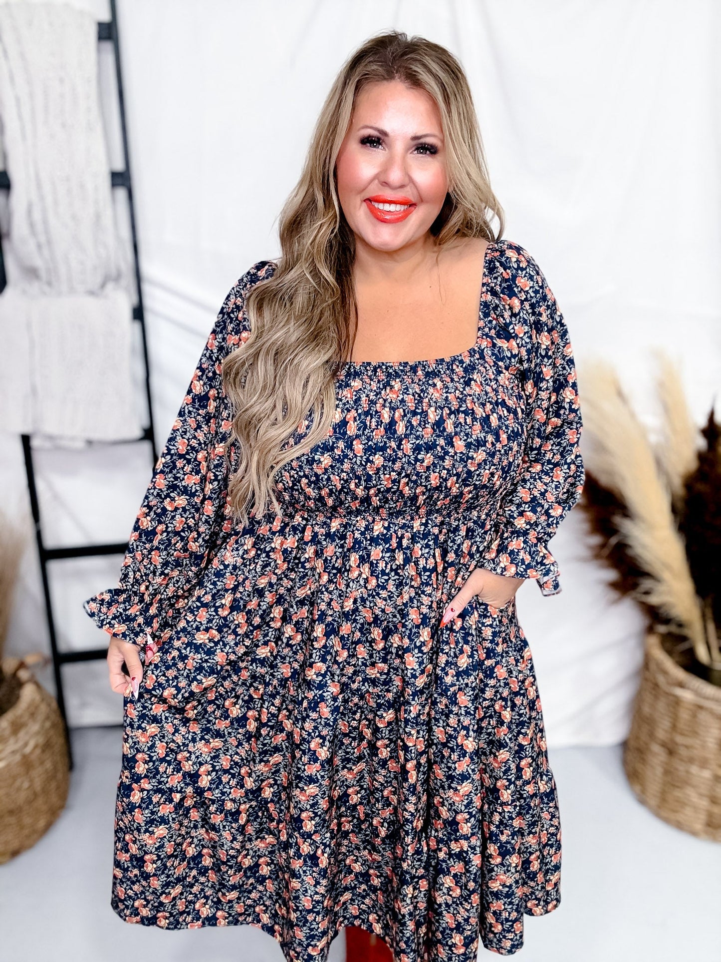 Citrus Bloom Mid Length Dress with Square Neckline - Whiskey Skies - MIKAROSE
