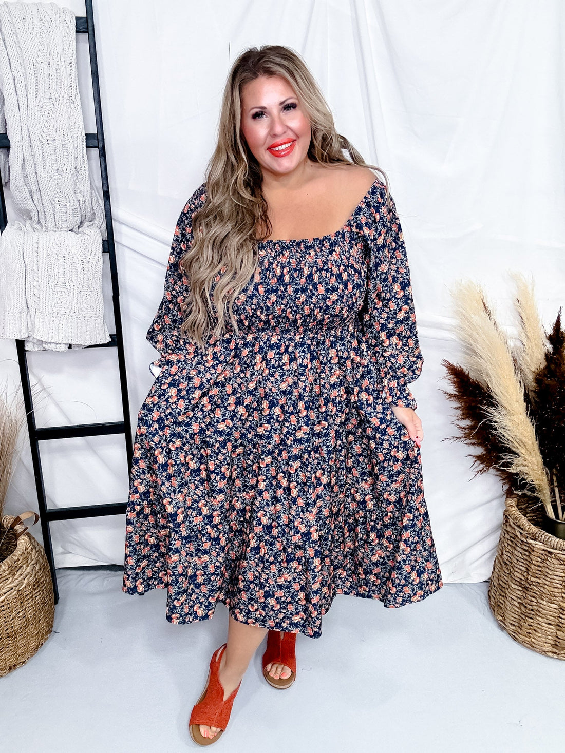 Citrus Bloom Mid Length Dress with Square Neckline - Whiskey Skies - MIKAROSE