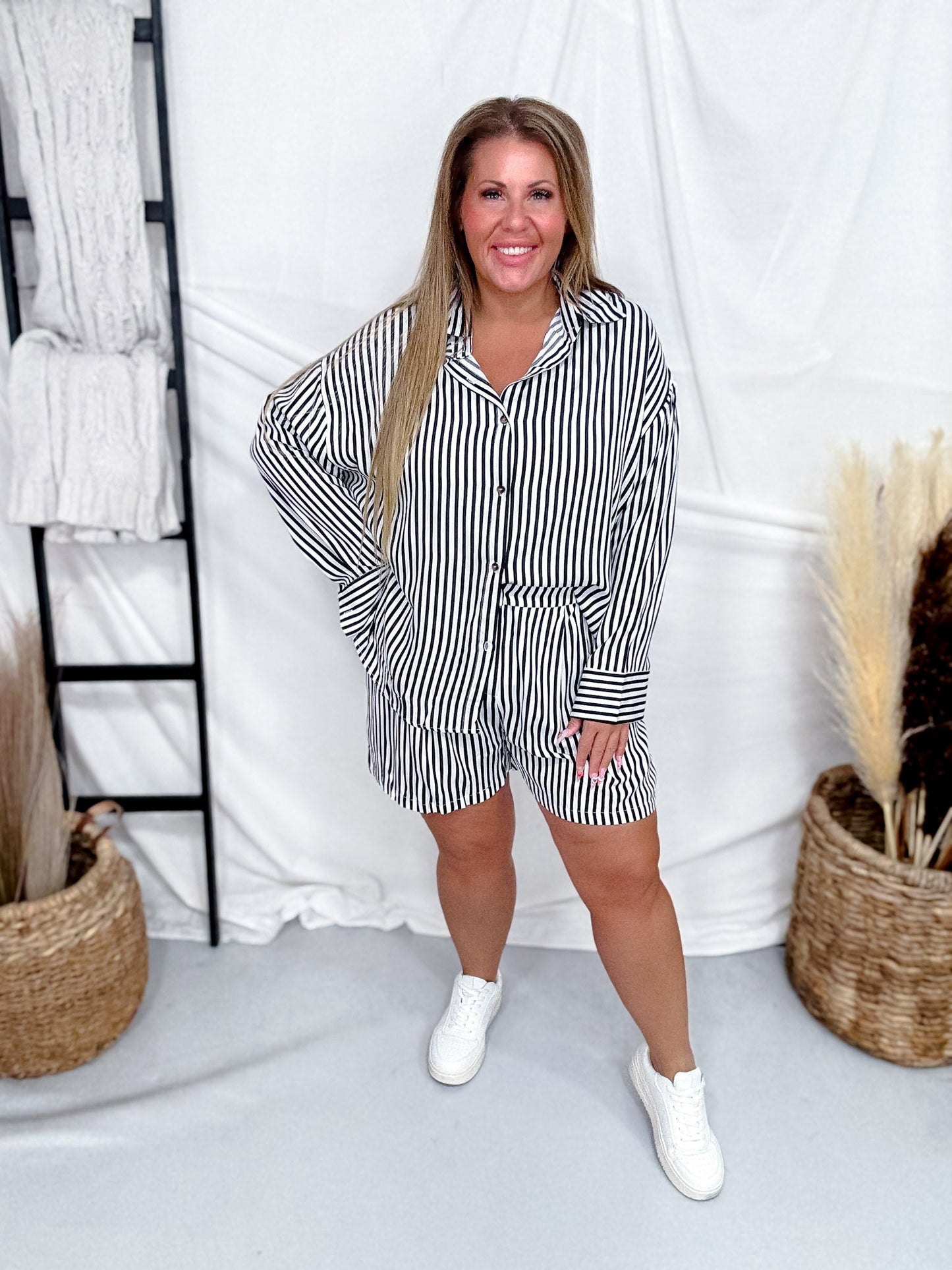 Classic Black & White Striped Button Front Top - Whiskey Skies - SOUTHERN GRACE