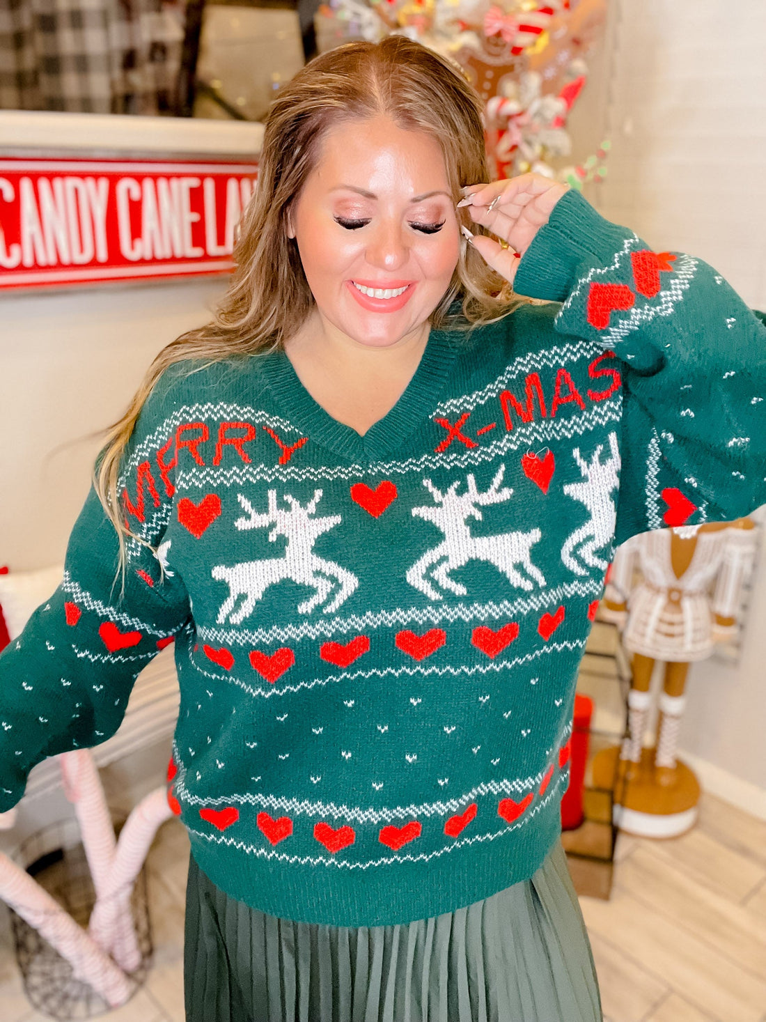 Classic Reindeer Christmas Themed Knit V - Neck Sweater - Whiskey Skies - GEEGEE