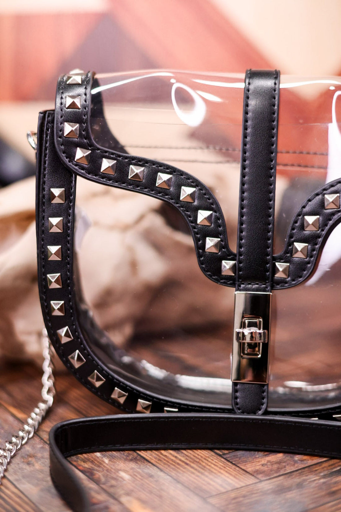 Clear and Black Studded Crossbody Bag - Whiskey Skies - CAMEL THREADS