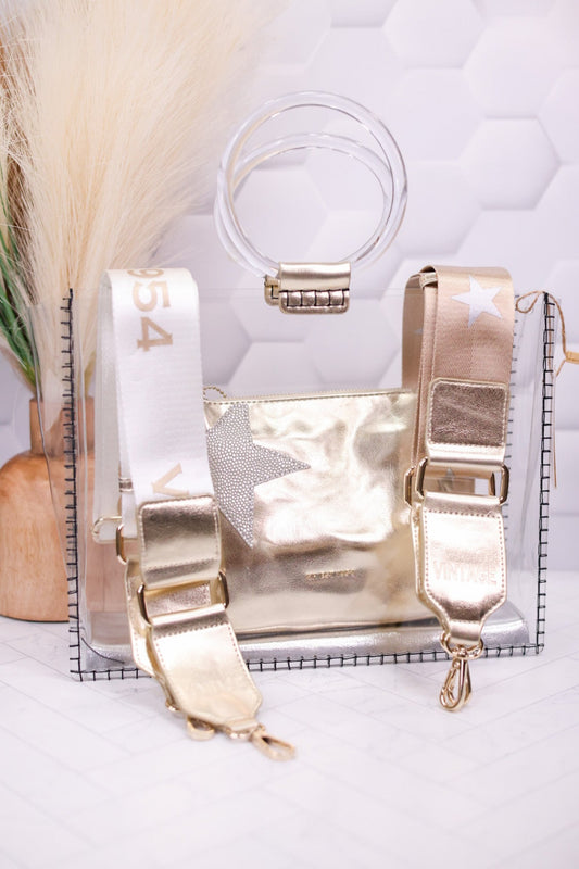 Clear Vinyl Hand Bag With Gold Clutch - Whiskey Skies - VINTAGE HAVANA