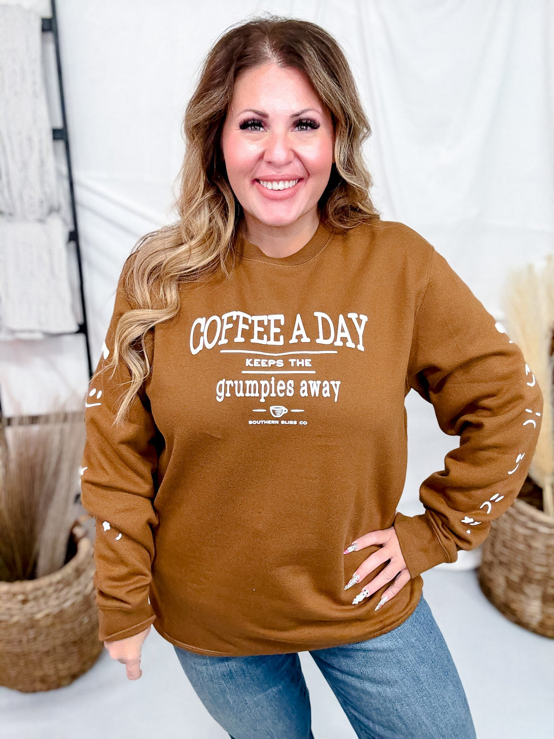 Coffee A Day Keeps The Grumpies Away Graphic Sweatshirt - Whiskey Skies - SOUTHERN BLISS COMPANY