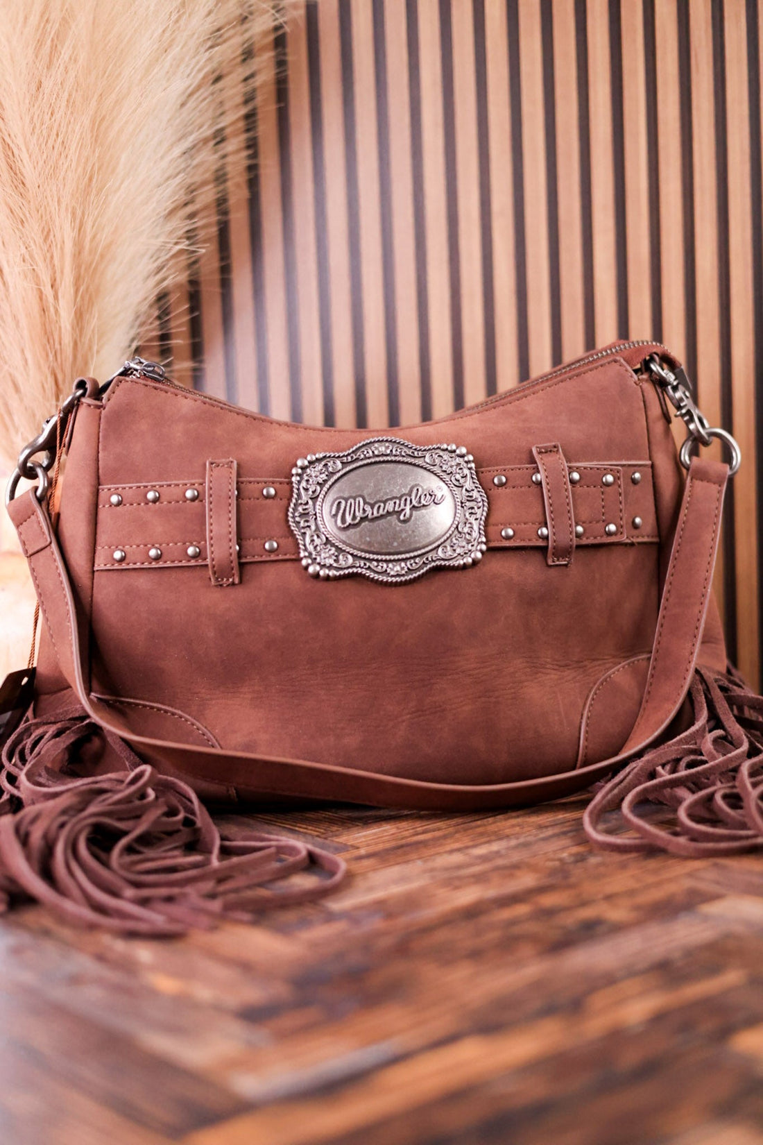 Coffee Brown Faux Leather Wrangler Belt Buckle Fringe Purse - Whiskey Skies - MONTANA WEST