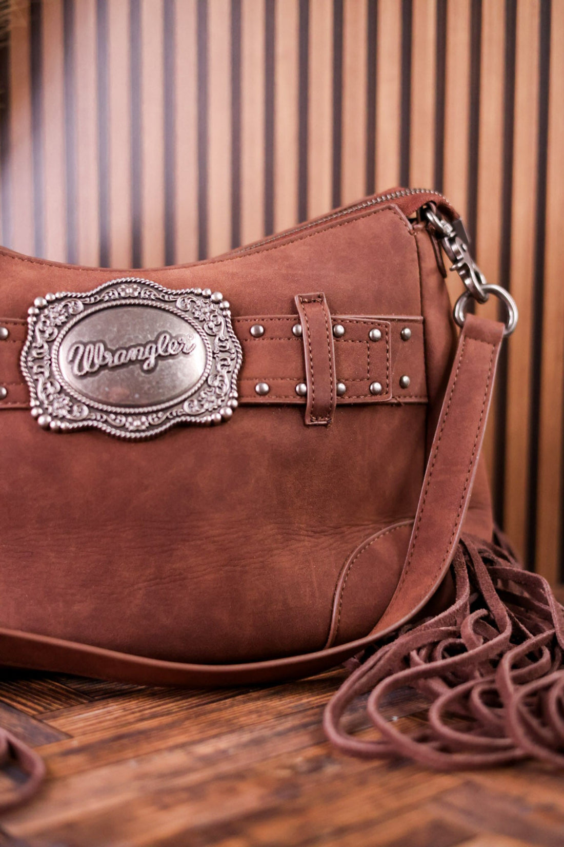 Coffee Brown Faux Leather Wrangler Belt Buckle Fringe Purse - Whiskey Skies - MONTANA WEST
