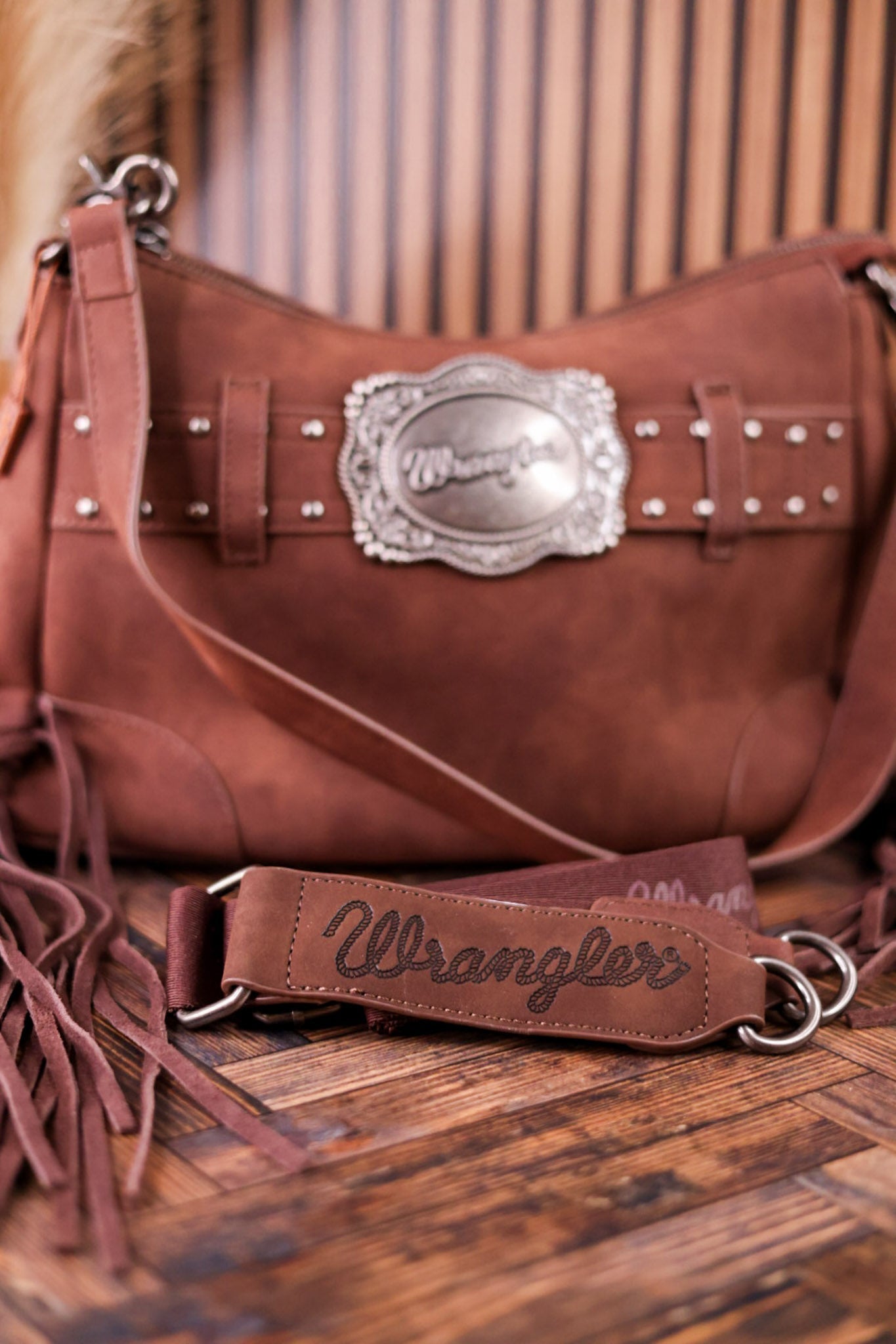 Coffee Brown Faux Leather Wrangler Belt Buckle Fringe Purse - Whiskey Skies - MONTANA WEST