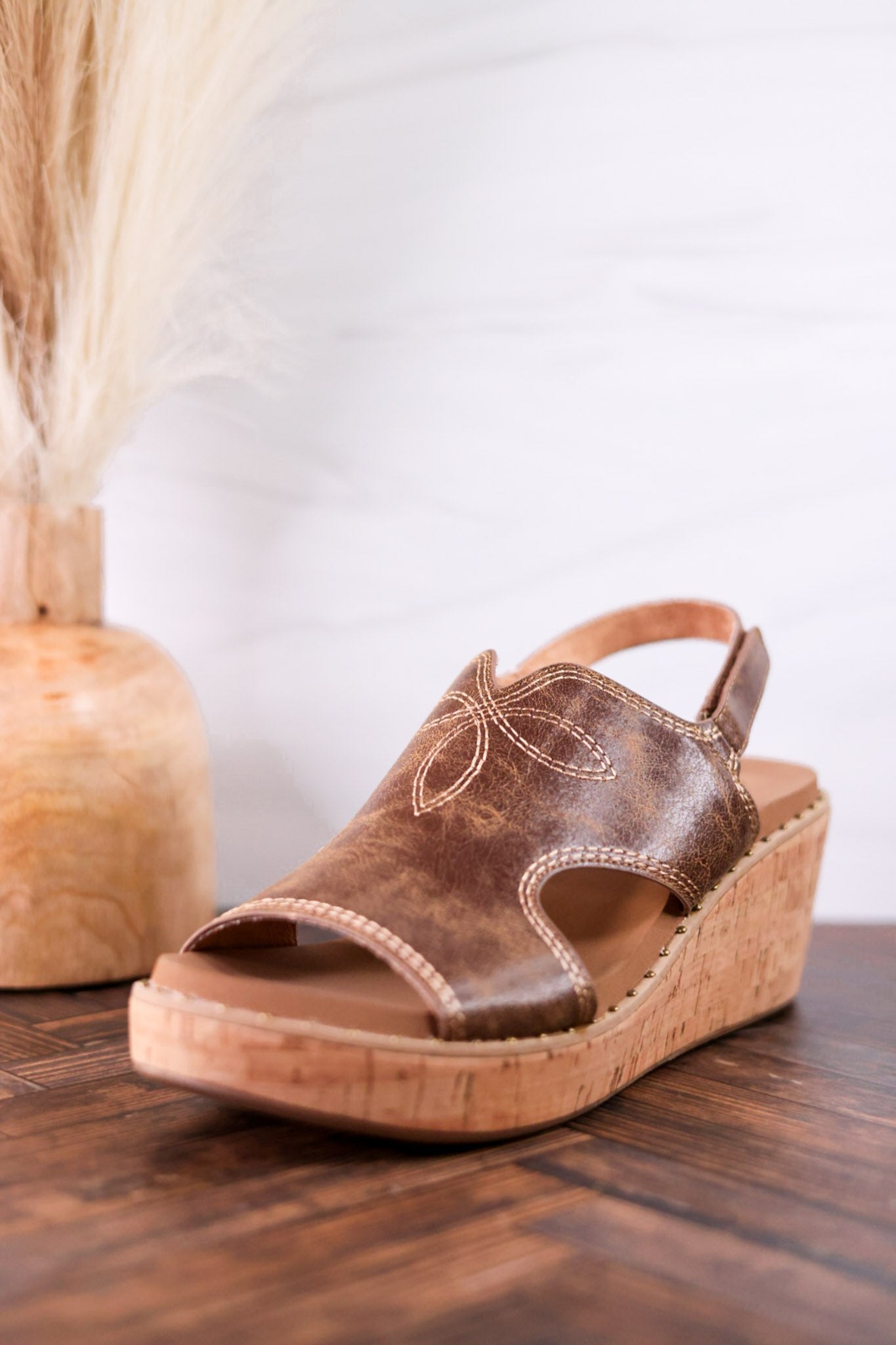 Cognac Faux Leather Wedges With Stitching - Whiskey Skies - CORKYS FOOTWEAR