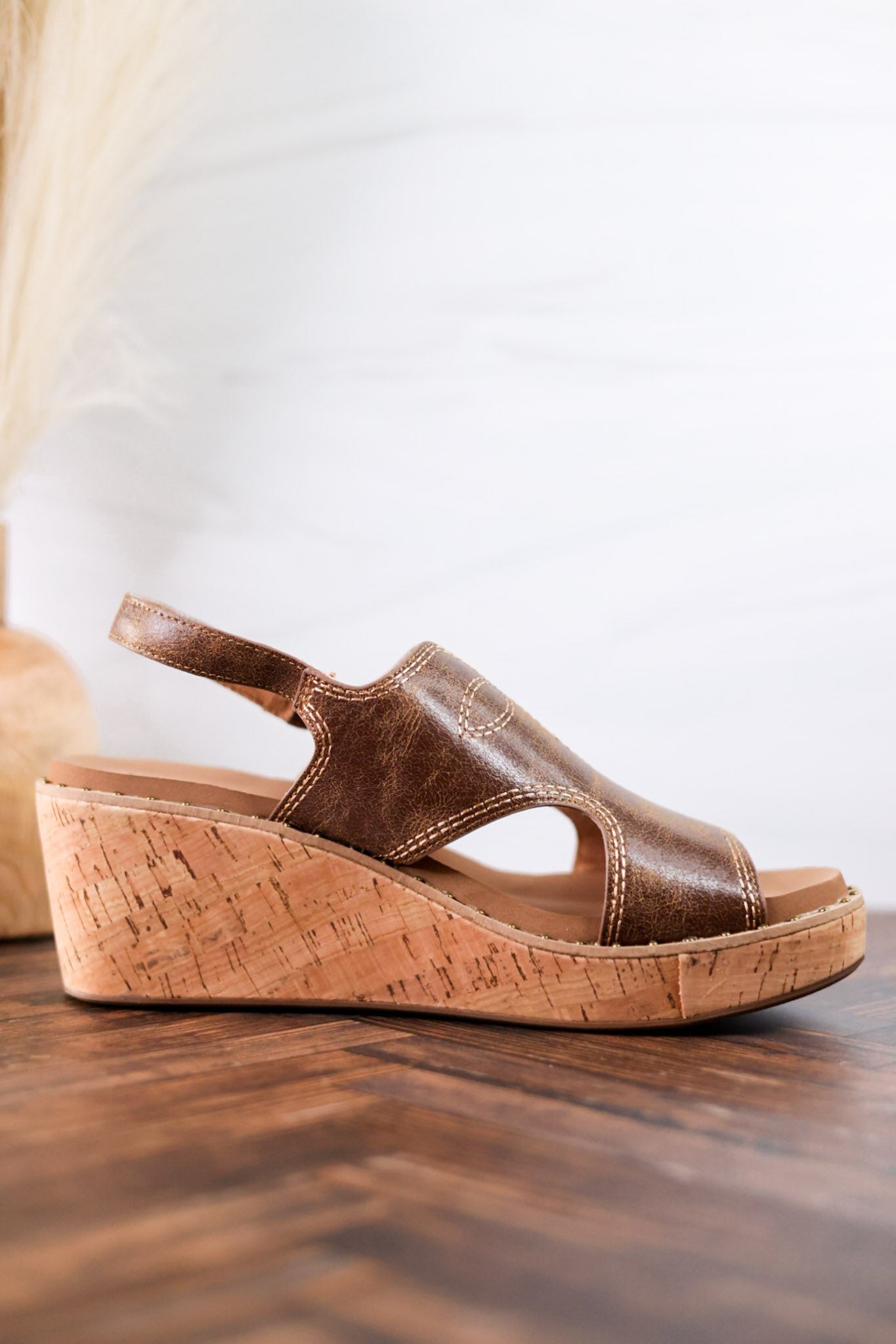 Cognac Faux Leather Wedges With Stitching - Whiskey Skies - CORKYS FOOTWEAR