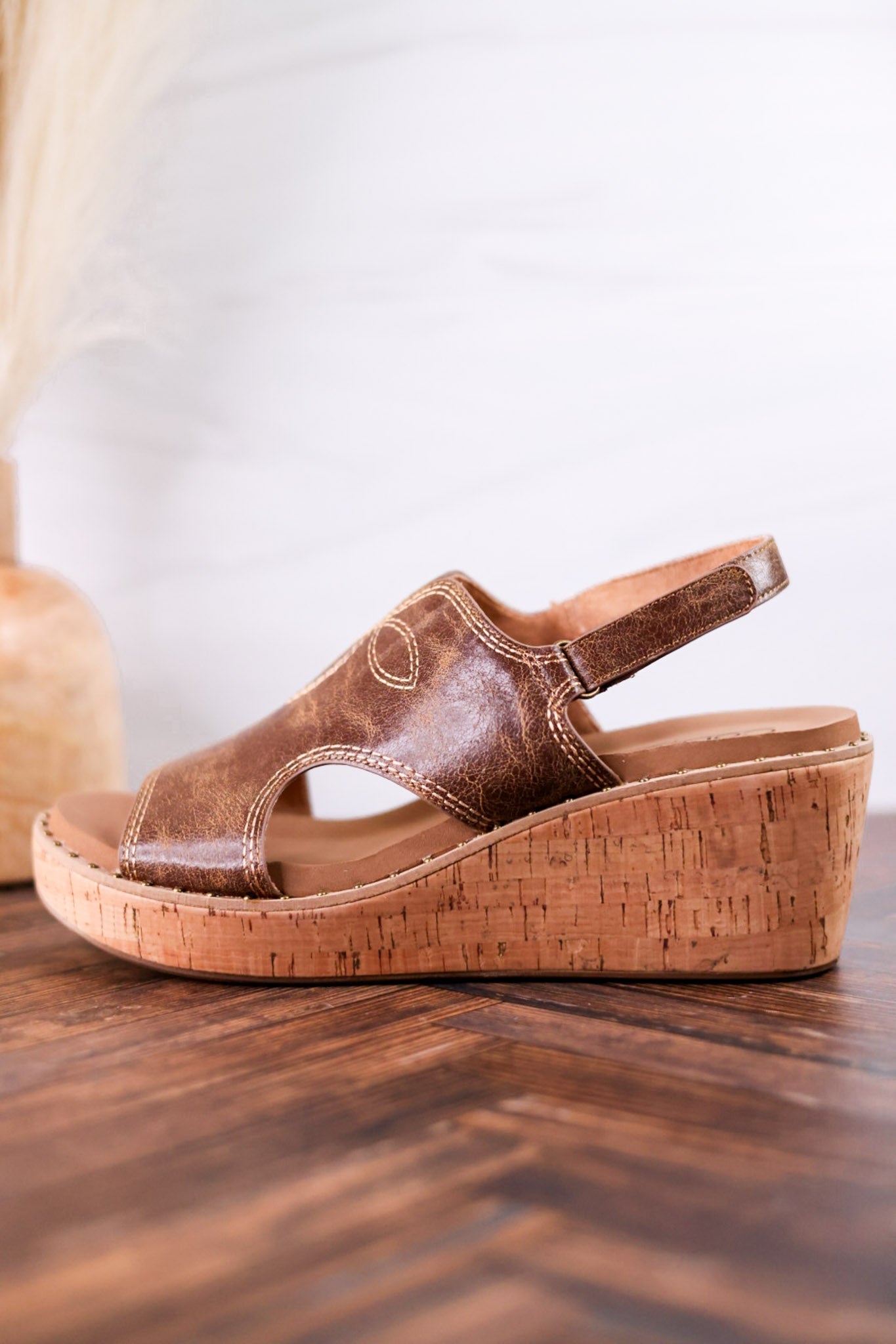 Cognac Faux Leather Wedges With Stitching - Whiskey Skies - CORKYS FOOTWEAR