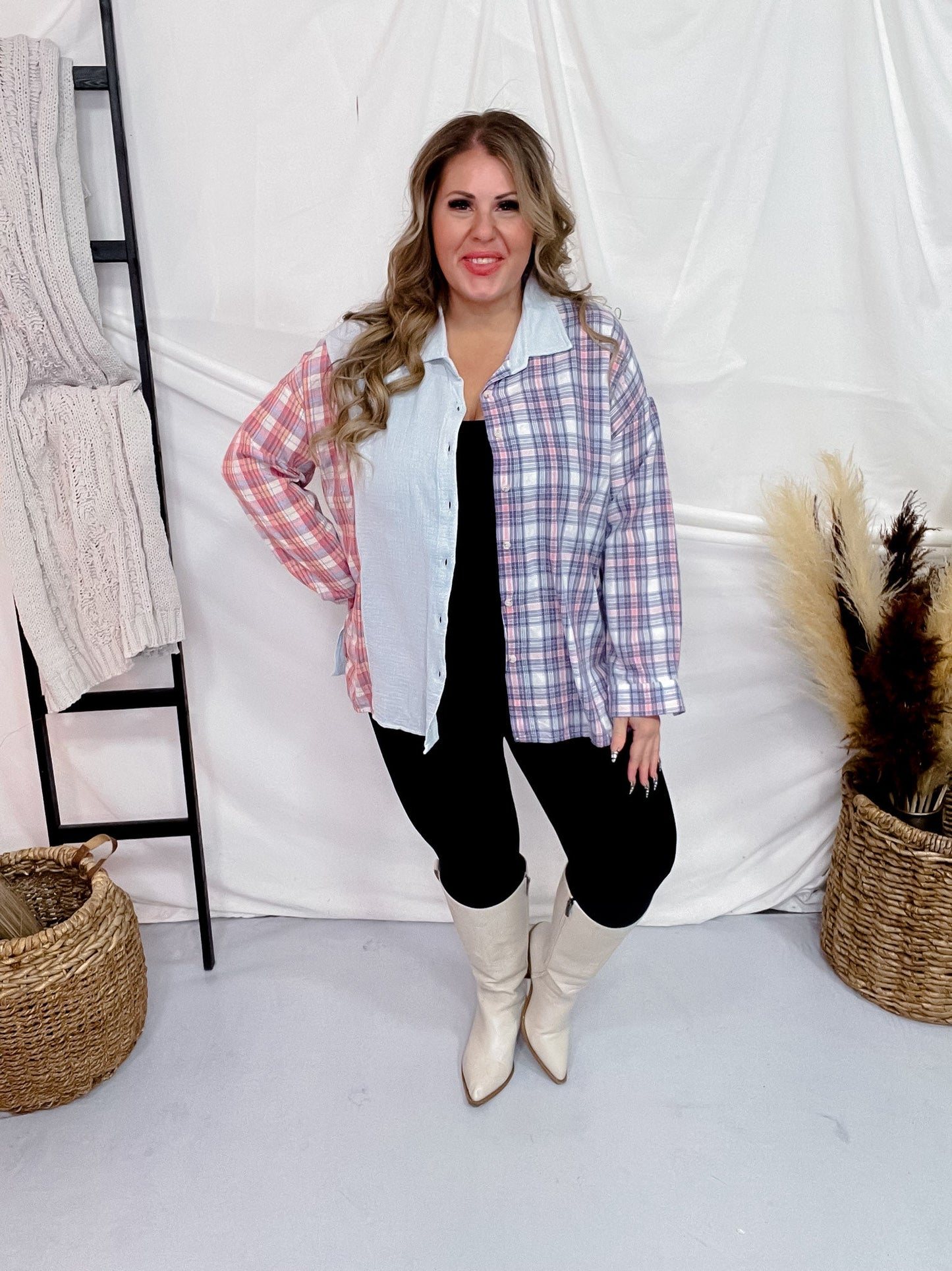 Color Block Plaid & Solid Long Sleeve Button Down Top - Whiskey Skies - JNNA