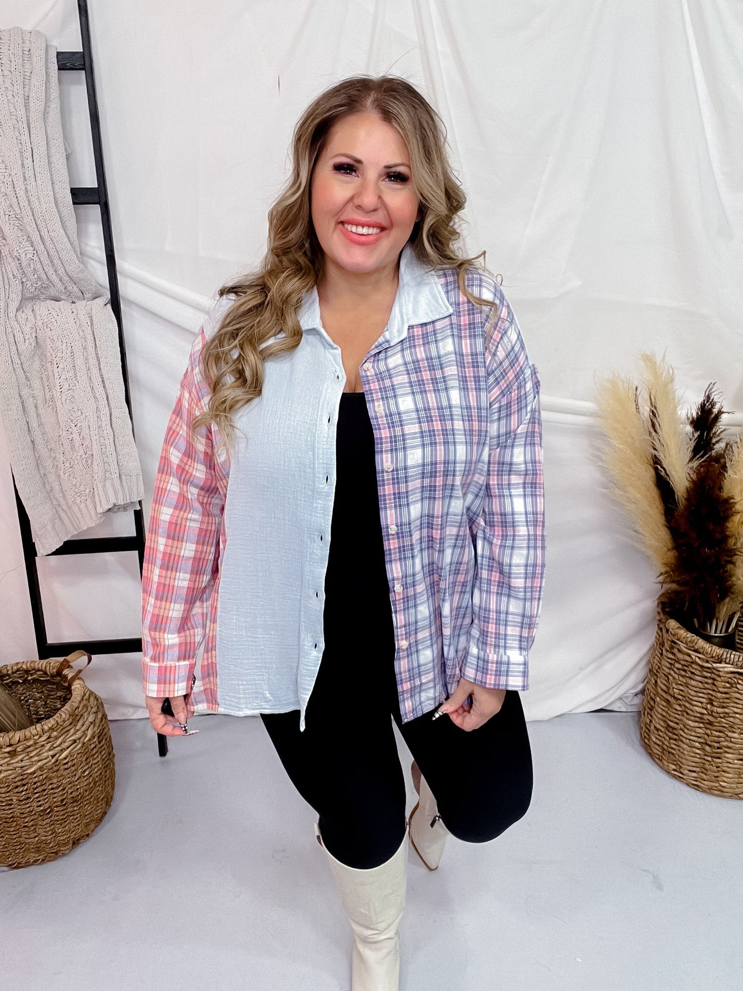 Color Block Plaid & Solid Long Sleeve Button Down Top - Whiskey Skies - JNNA