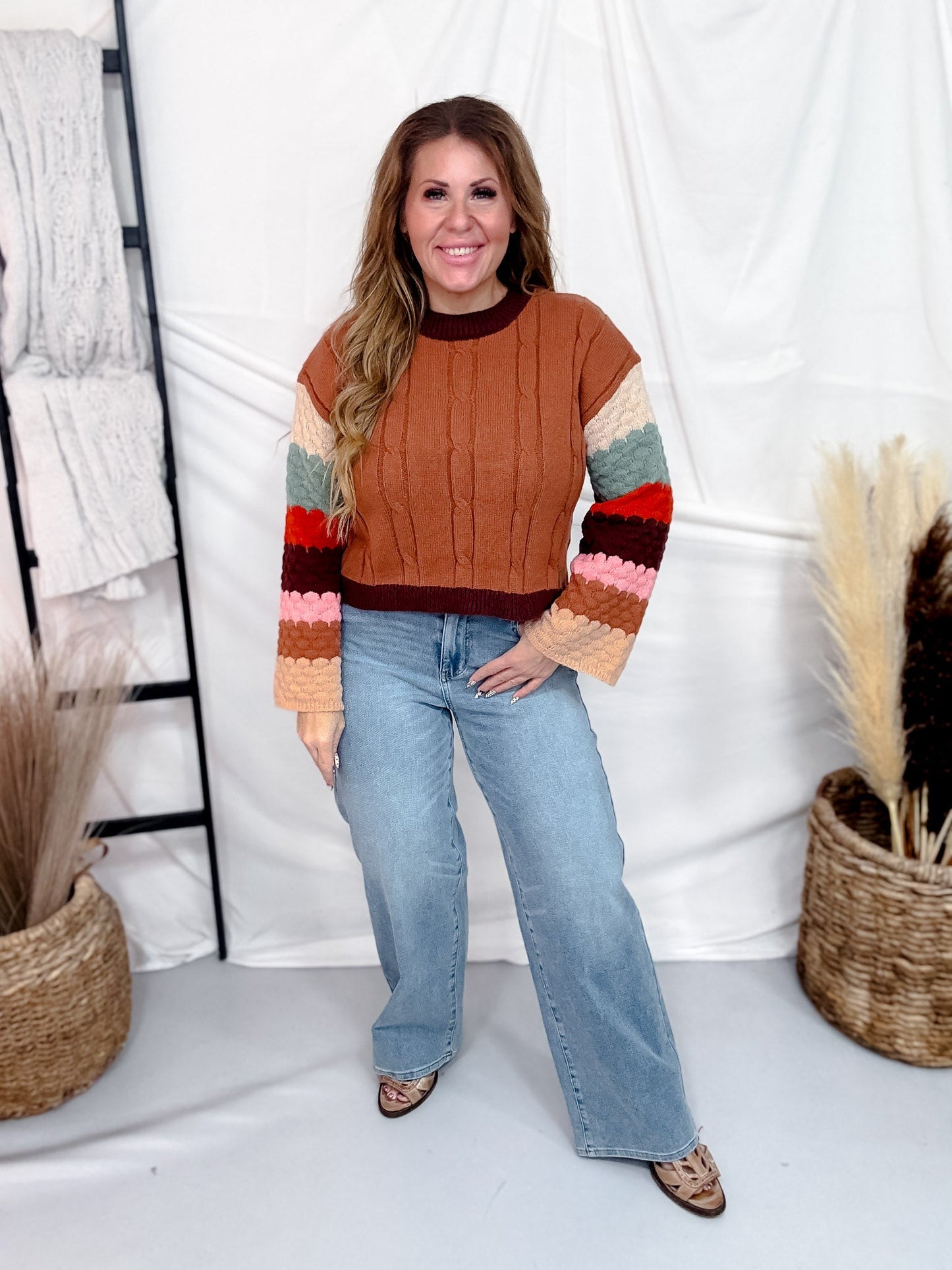 Color Block Striped Long Sleeve Crew Neck Sweater - Whiskey Skies - DAVI & DANI