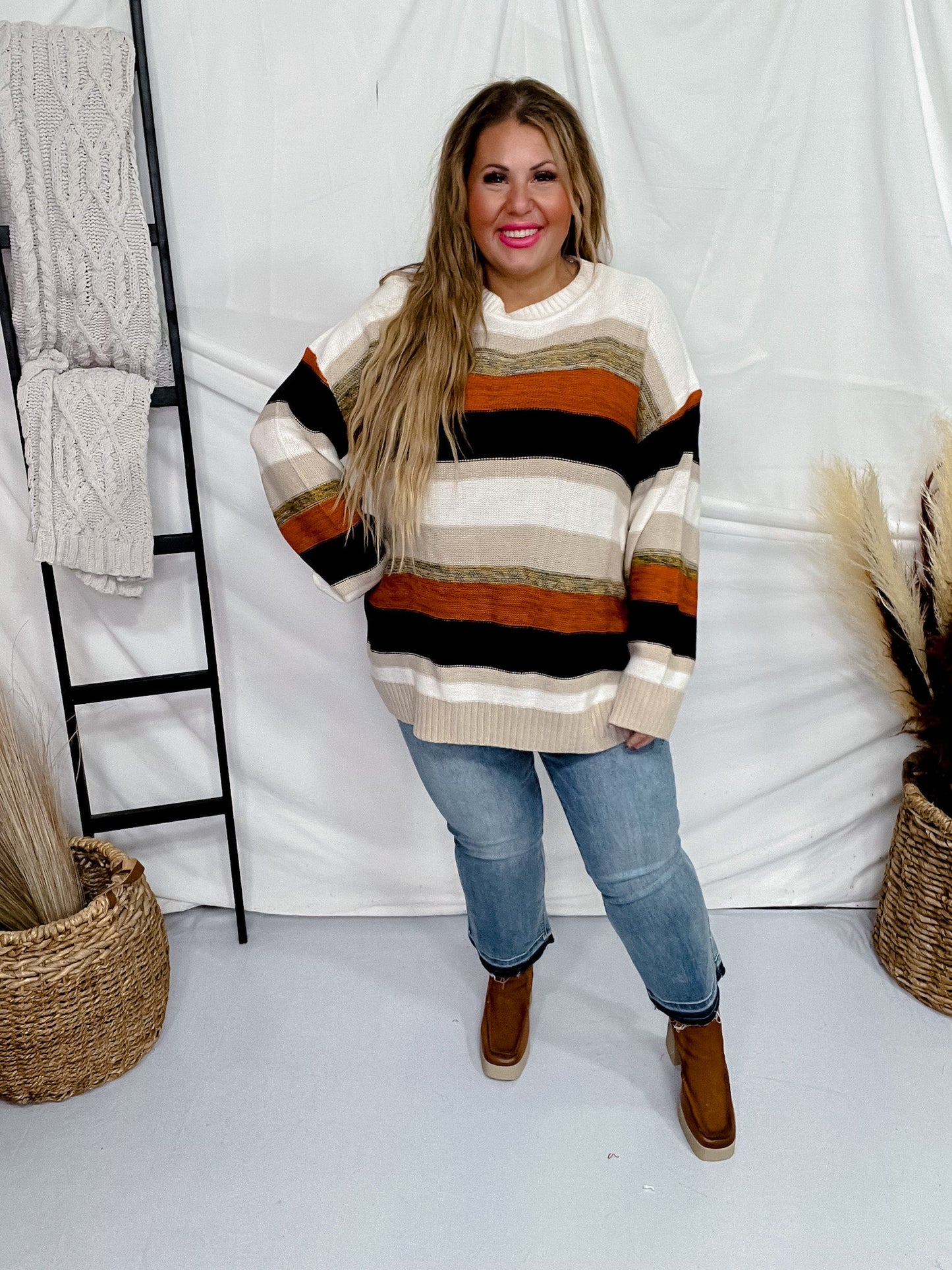 Color Block Sweater W/ Earthy Tones - Whiskey Skies - ANDREE BY UNIT