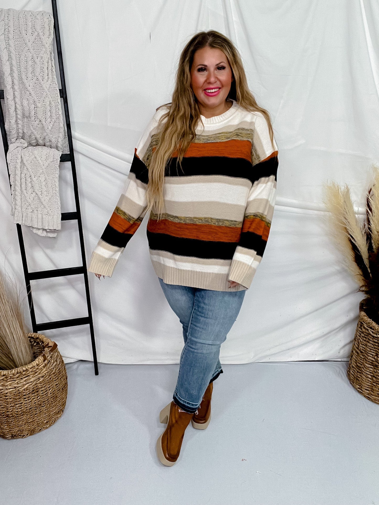 Color Block Sweater W/ Earthy Tones - Whiskey Skies - ANDREE BY UNIT