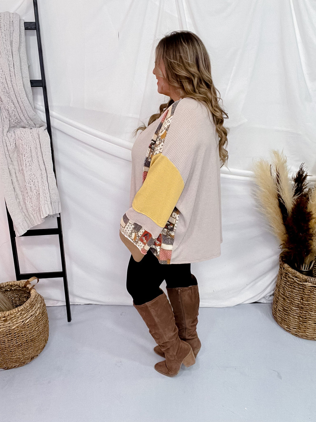 Color Block Thermal Mineral Washed Pullover - Whiskey Skies - EASEL