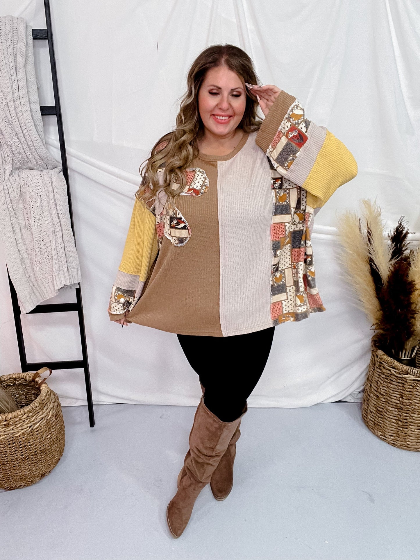 Color Block Thermal Mineral Washed Pullover - Whiskey Skies - EASEL