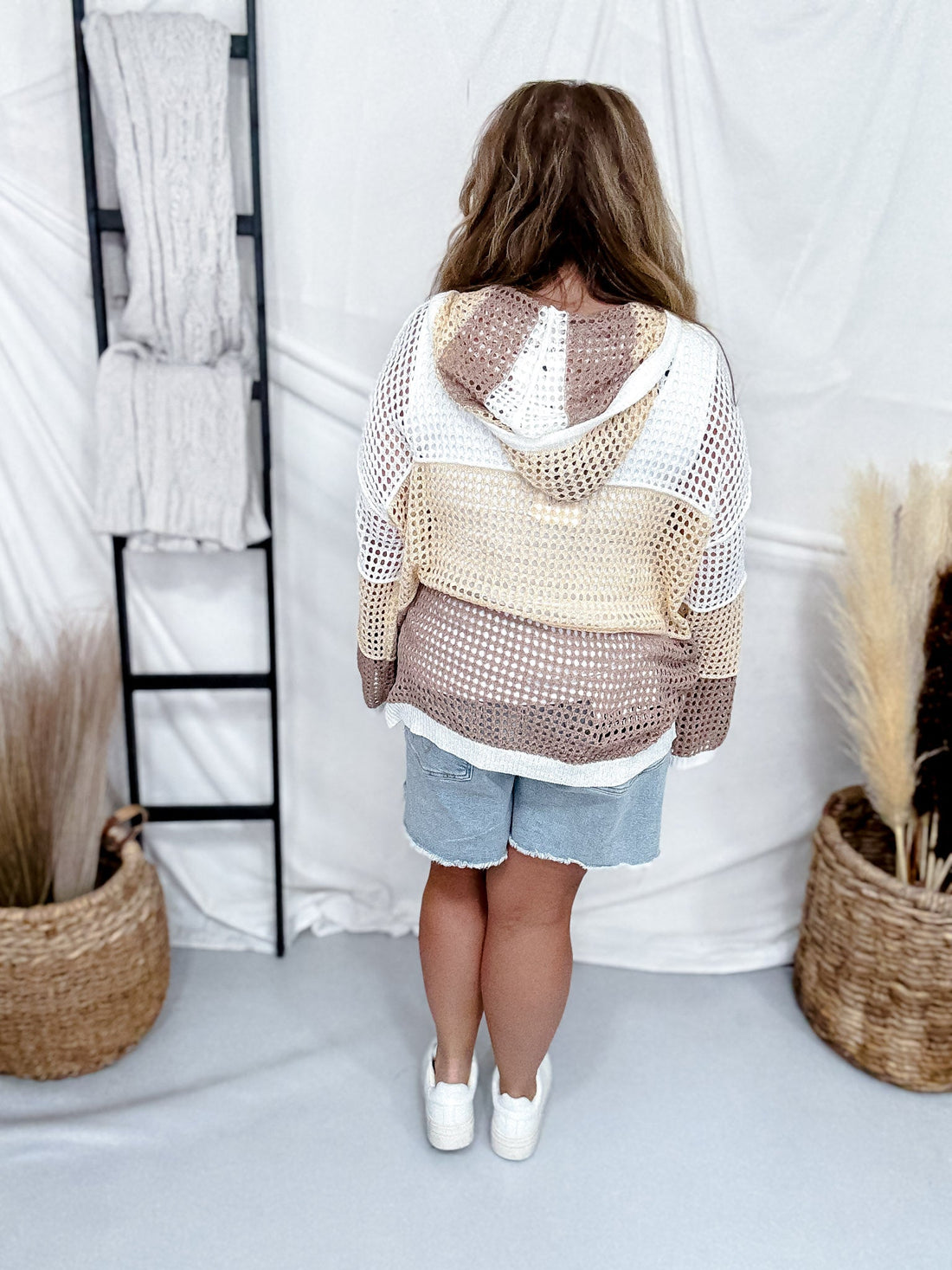 Colorblock Open Knit Hoodie In Natural - Whiskey Skies - COZY CO