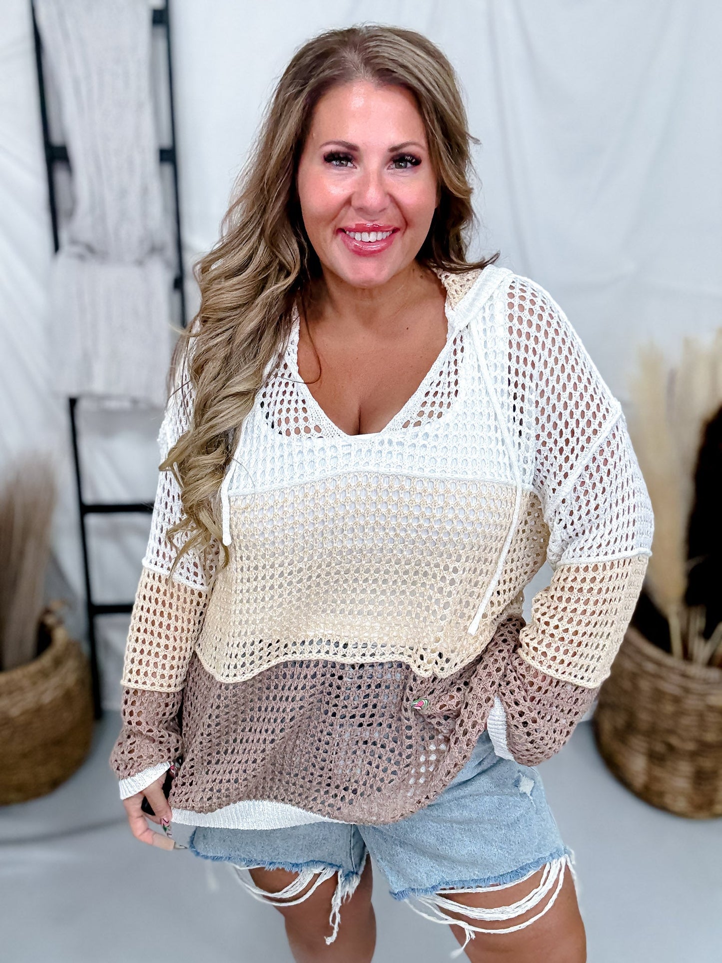 Colorblock Open Knit Hoodie In Natural - Whiskey Skies - COZY CO