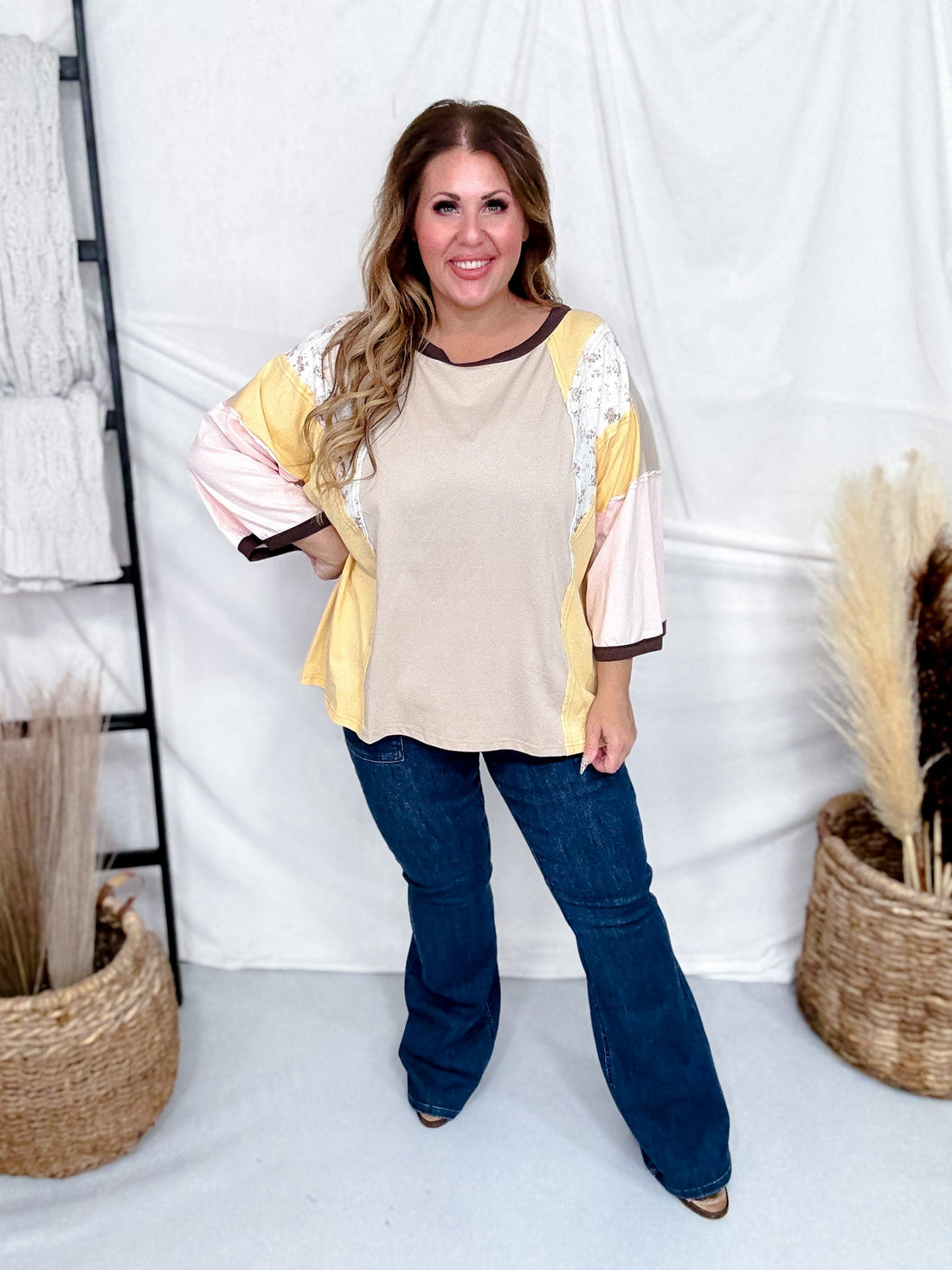 Colorblocked Jersey Top With Floral Print Panels - Whiskey Skies - ODDI