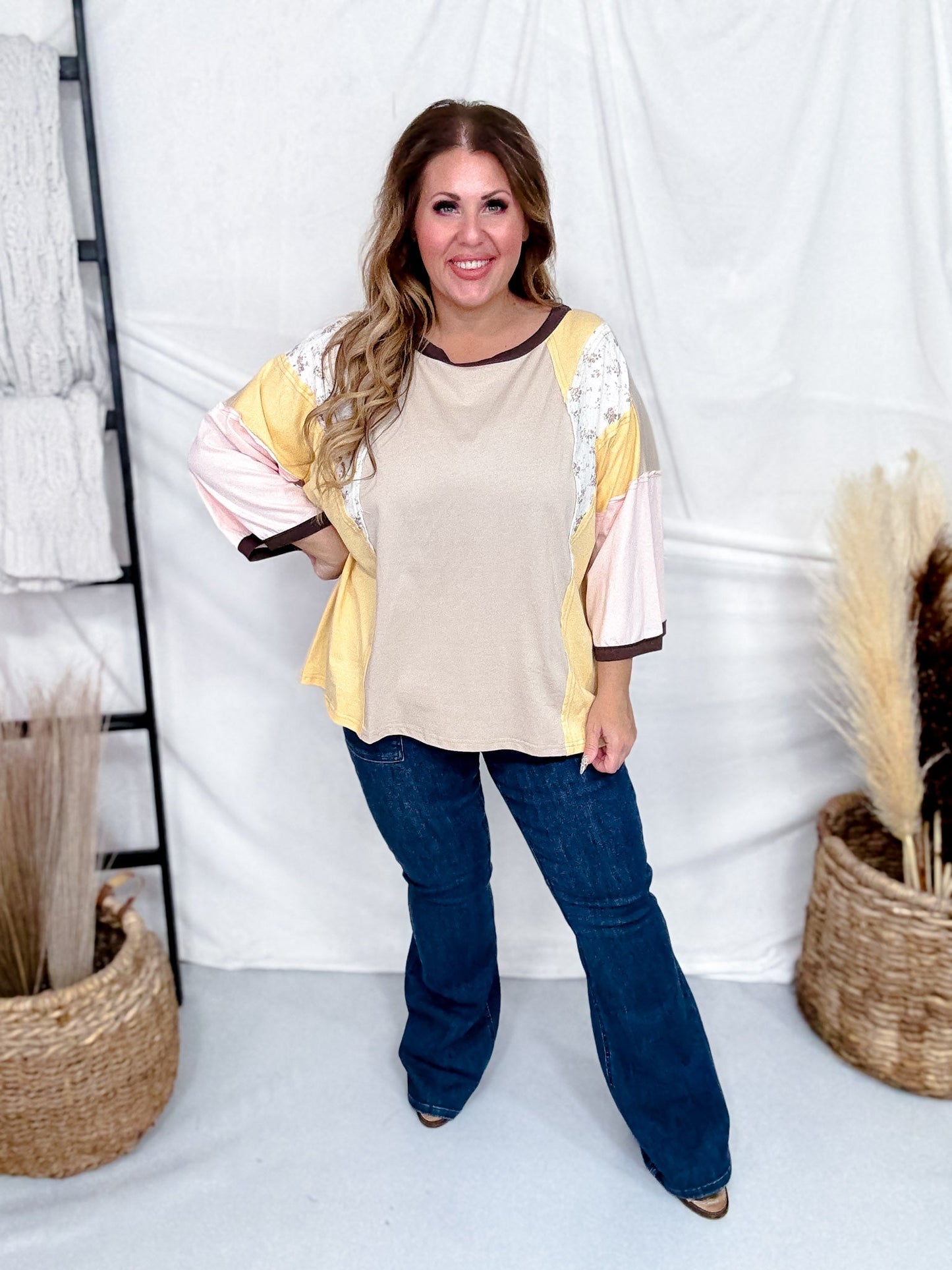 Colorblocked Jersey Top With Floral Print Panels - Whiskey Skies - ODDI