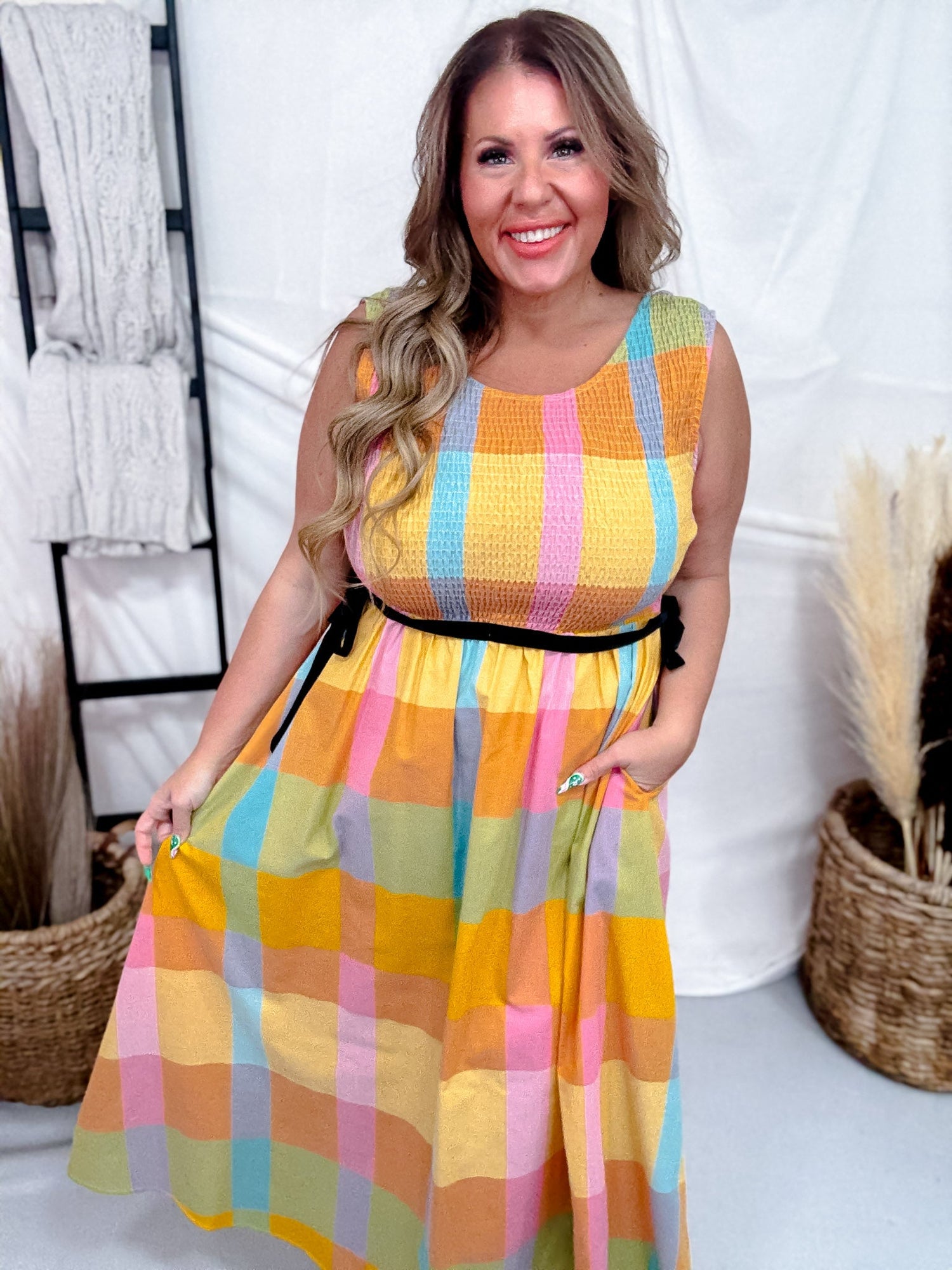 Colorful Checkered Midi Dress with Smocked Bodice