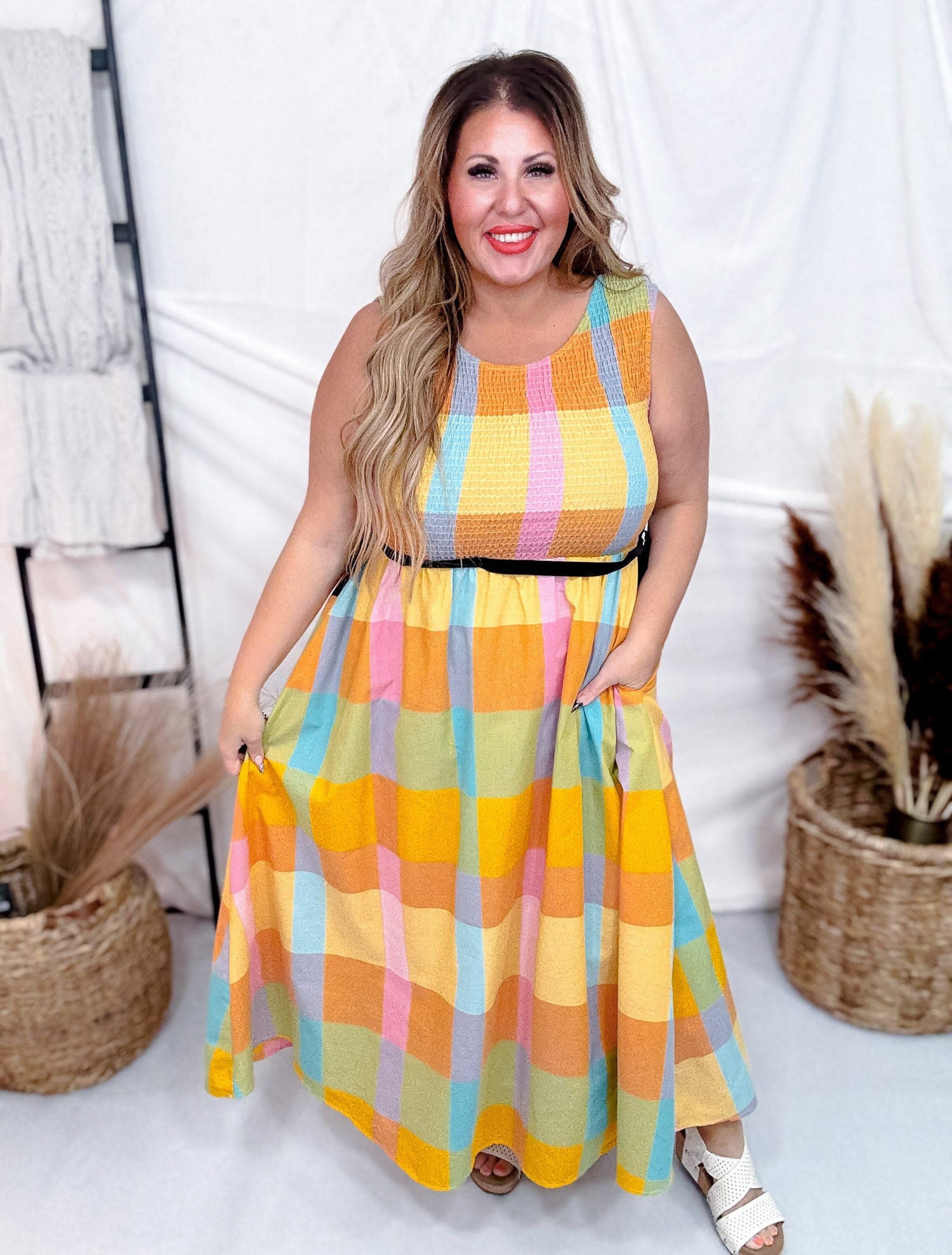smocked bodice dress Colorful Checkered Midi Dress With Smocked Bodice