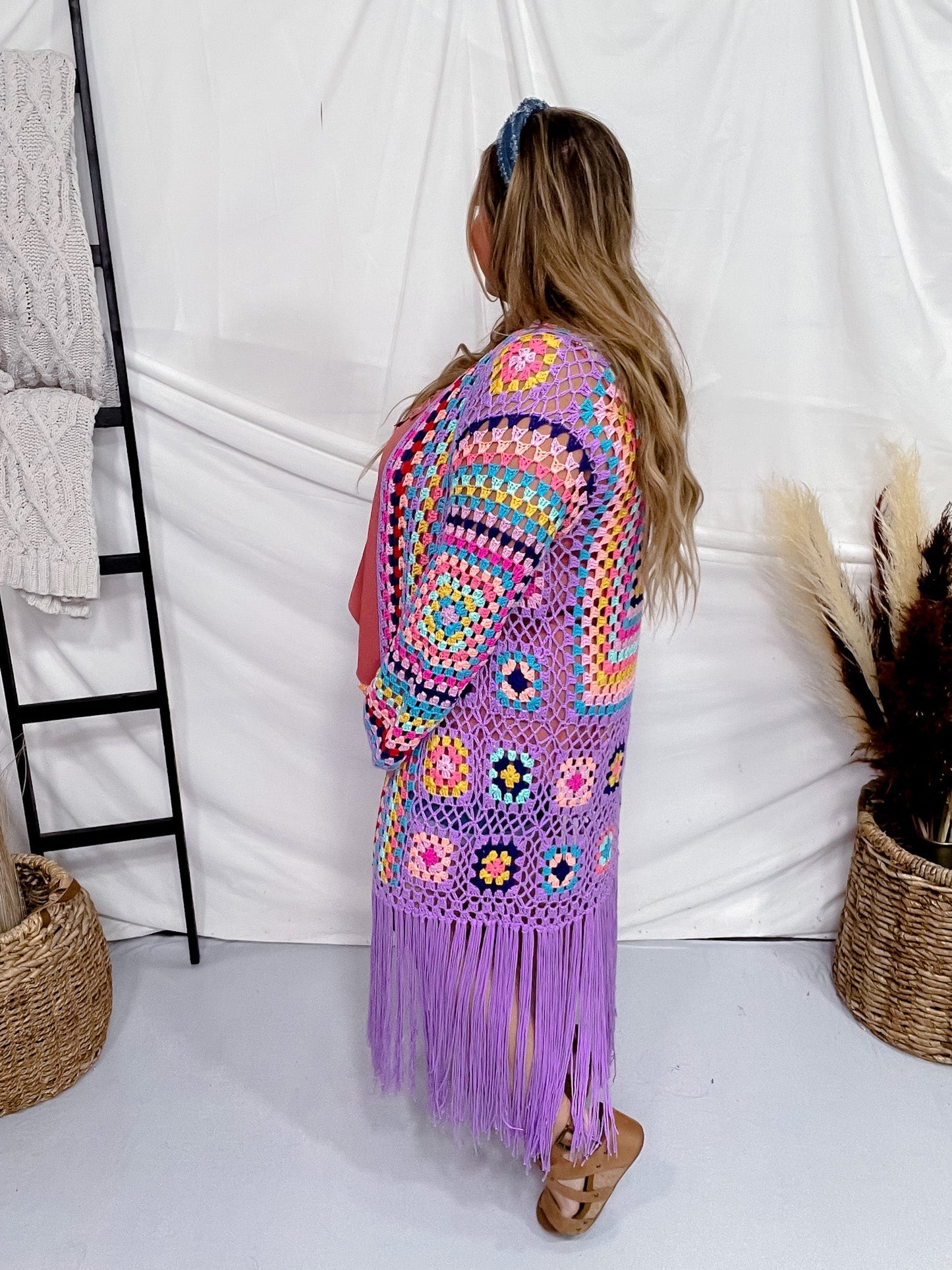 Colorful Crochet Fringe Open Front Cardigan Duster Whiskey Skies