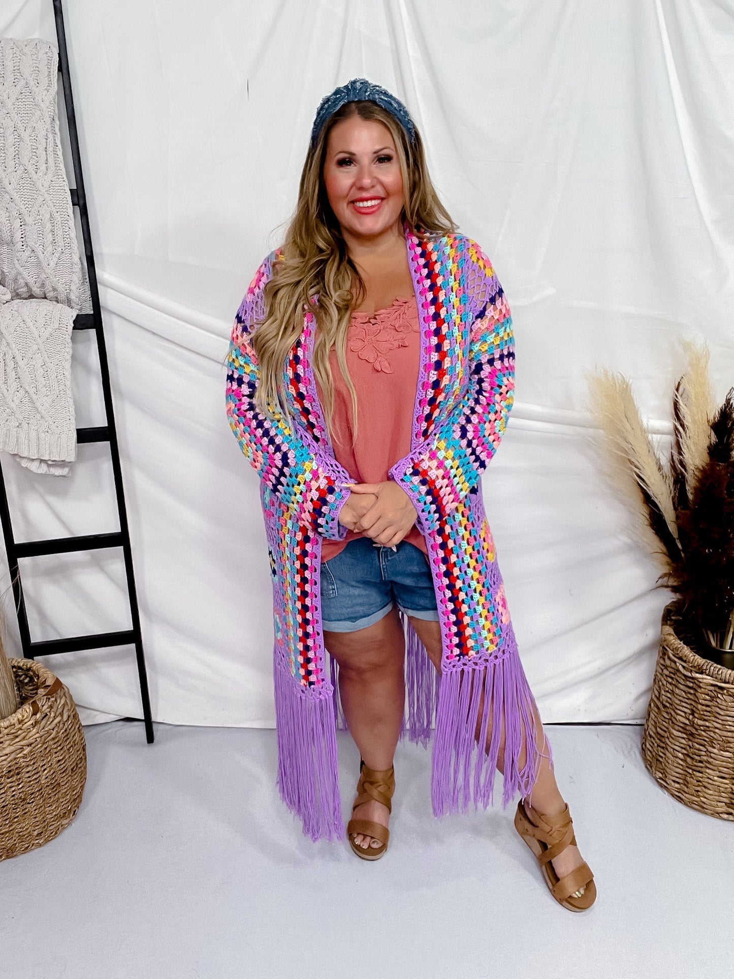 Colorful Crochet Fringe Open Front Cardigan Duster - Whiskey Skies - SWEET GENERIS