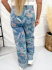 Colorful Floral Print Cuffed Wide Leg Jeans - Whiskey Skies - EASEL