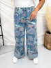 Colorful Floral Print Cuffed Wide Leg Jeans - Whiskey Skies - EASEL