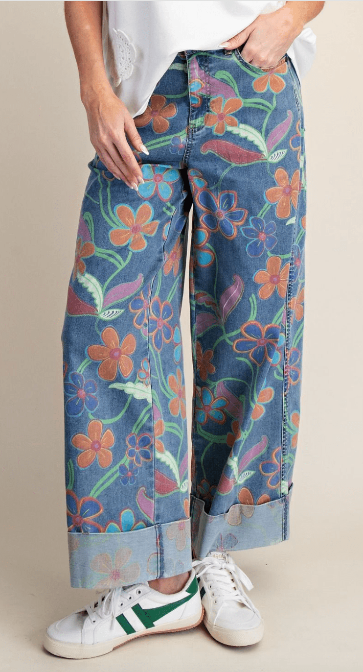 Colorful Floral Print Cuffed Wide Leg Jeans - Whiskey Skies - EASEL