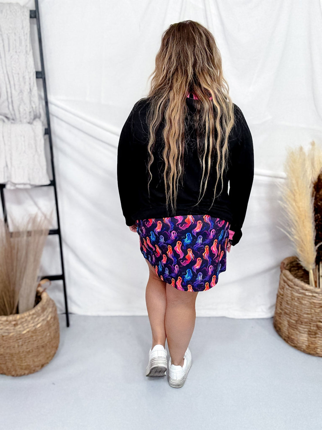 Colorful Ghost Print Elastic Waist Skort - Whiskey Skies - BIRD & CO
