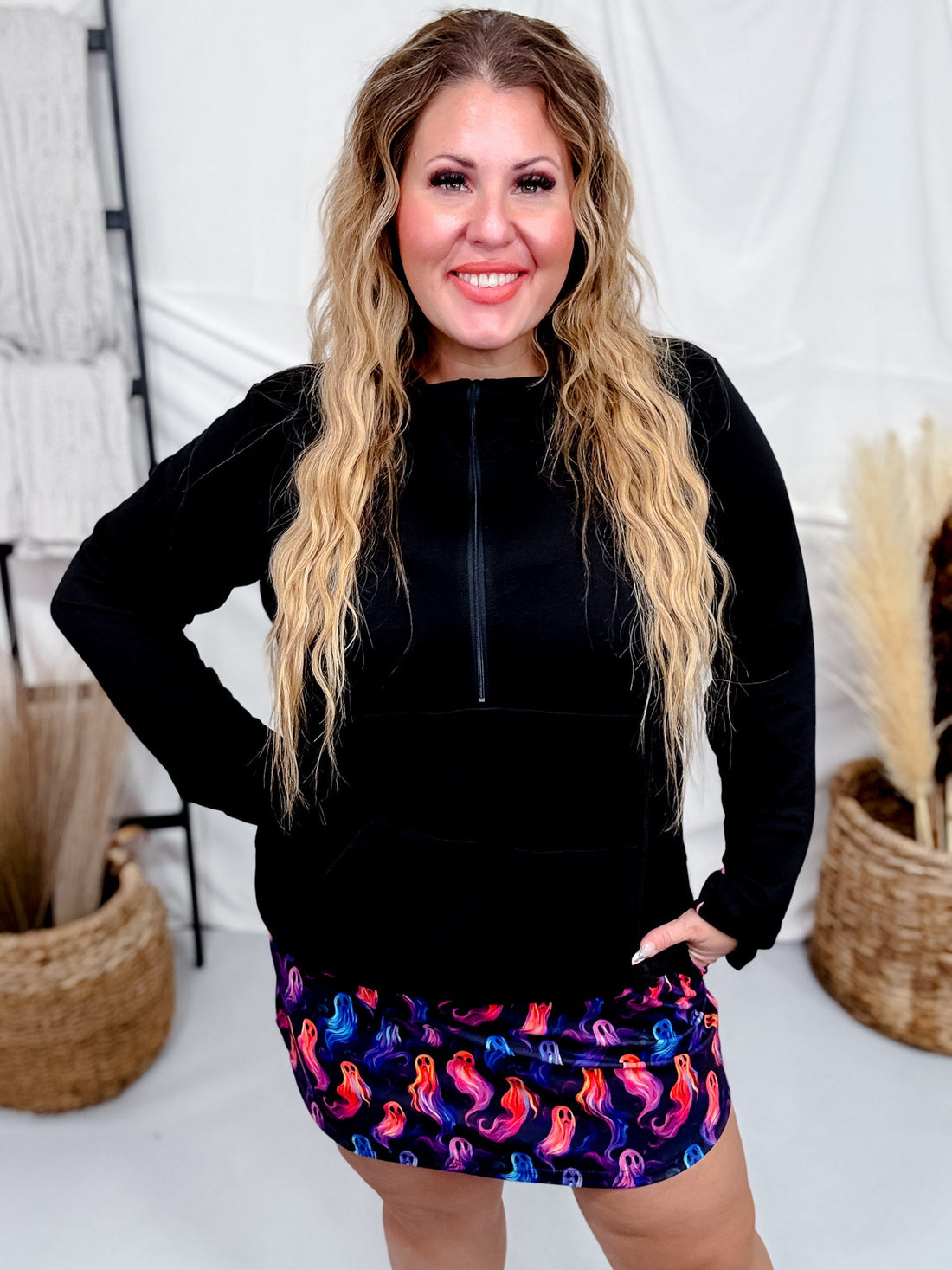 Colorful Ghost Print Elastic Waist Skort - Whiskey Skies - BIRD & CO