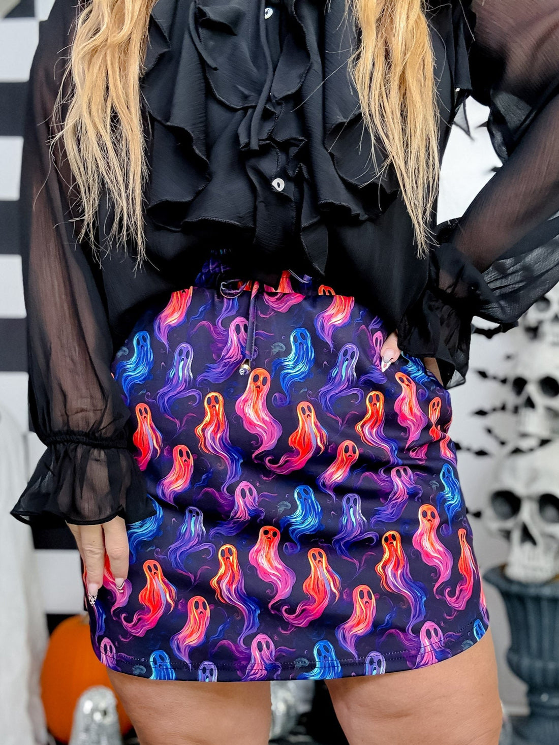 Colorful Ghost Print Elastic Waist Skort - Whiskey Skies - BIRD & CO