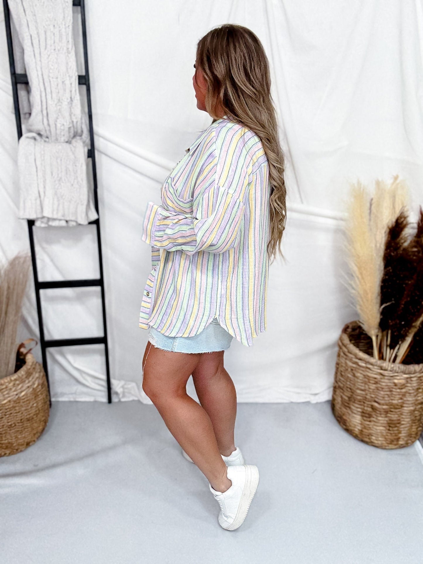 Colorful Striped Button Down Cotton Gauze Top - Whiskey Skies - EASEL