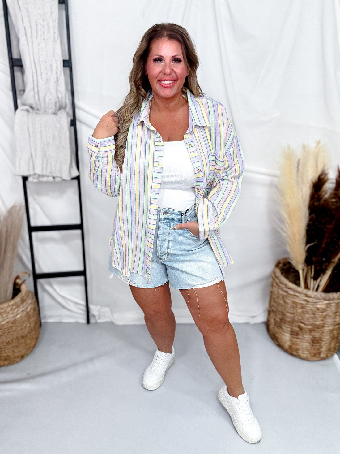 Colorful Striped Button Down Cotton Gauze Top - Whiskey Skies - EASEL