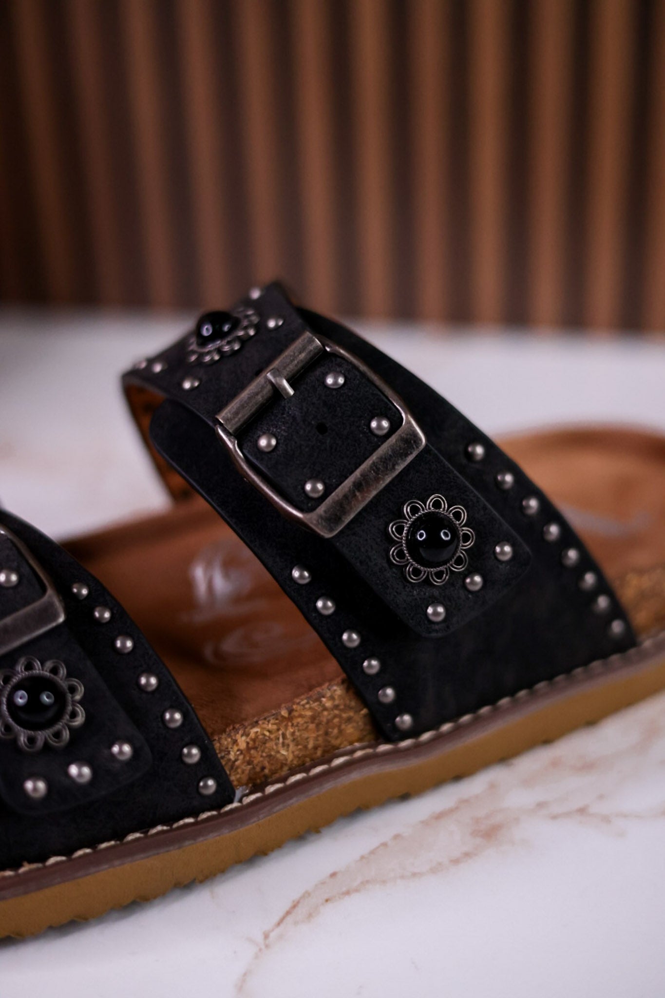 "Connie" Black Sandals With Flat Studs & Floral Accents - Whiskey Skies - VERY G