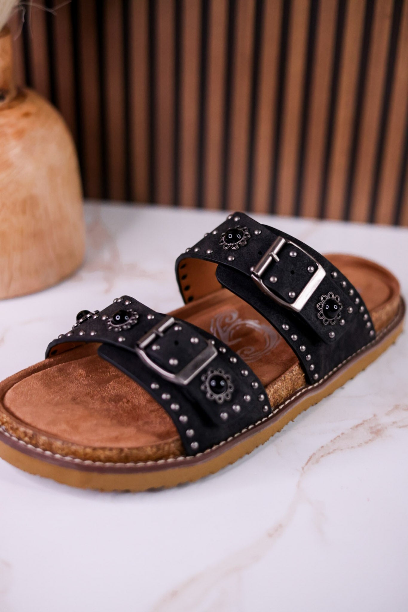 "Connie" Black Sandals With Flat Studs & Floral Accents - Whiskey Skies - VERY G