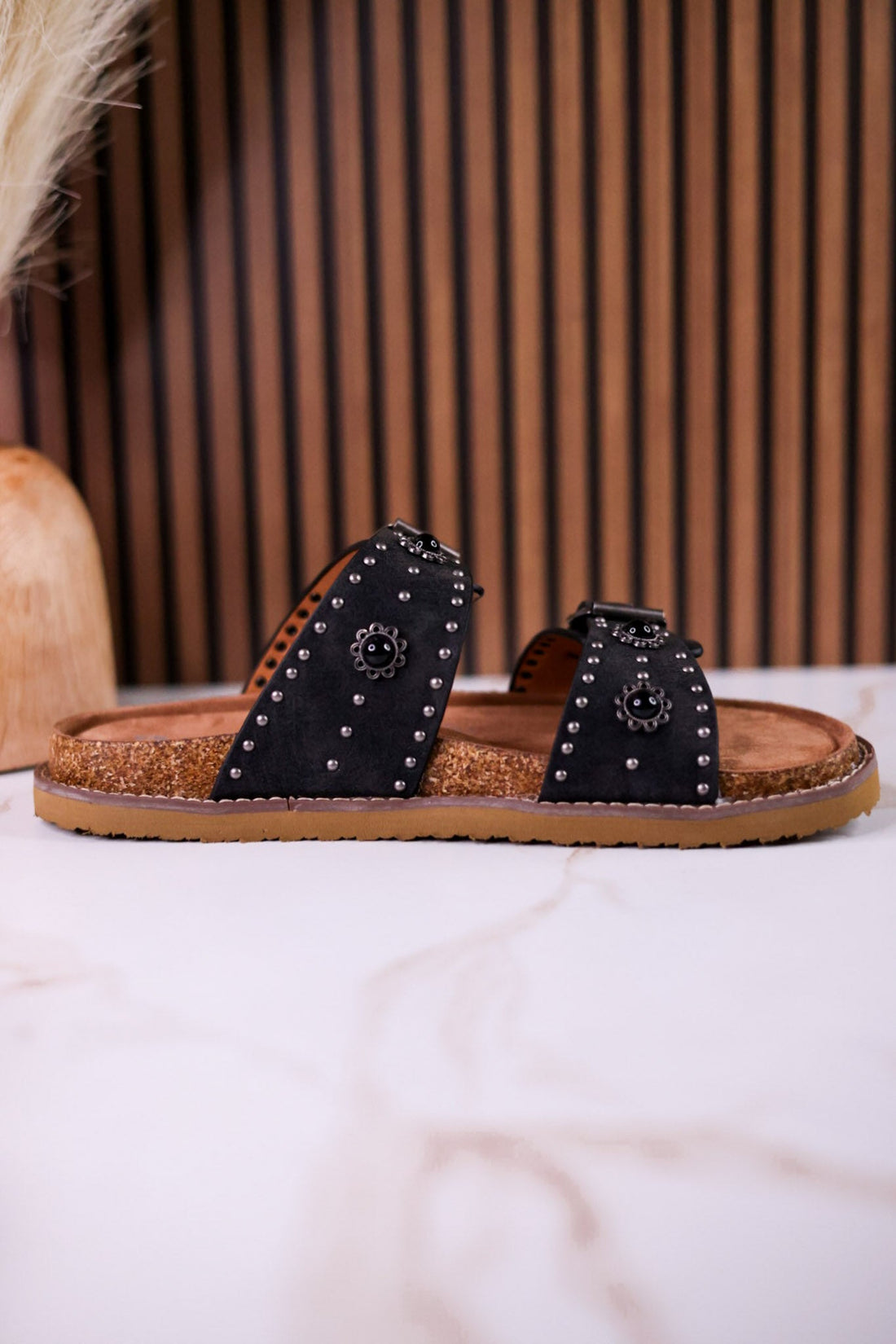 "Connie" Black Sandals With Flat Studs & Floral Accents - Whiskey Skies - VERY G