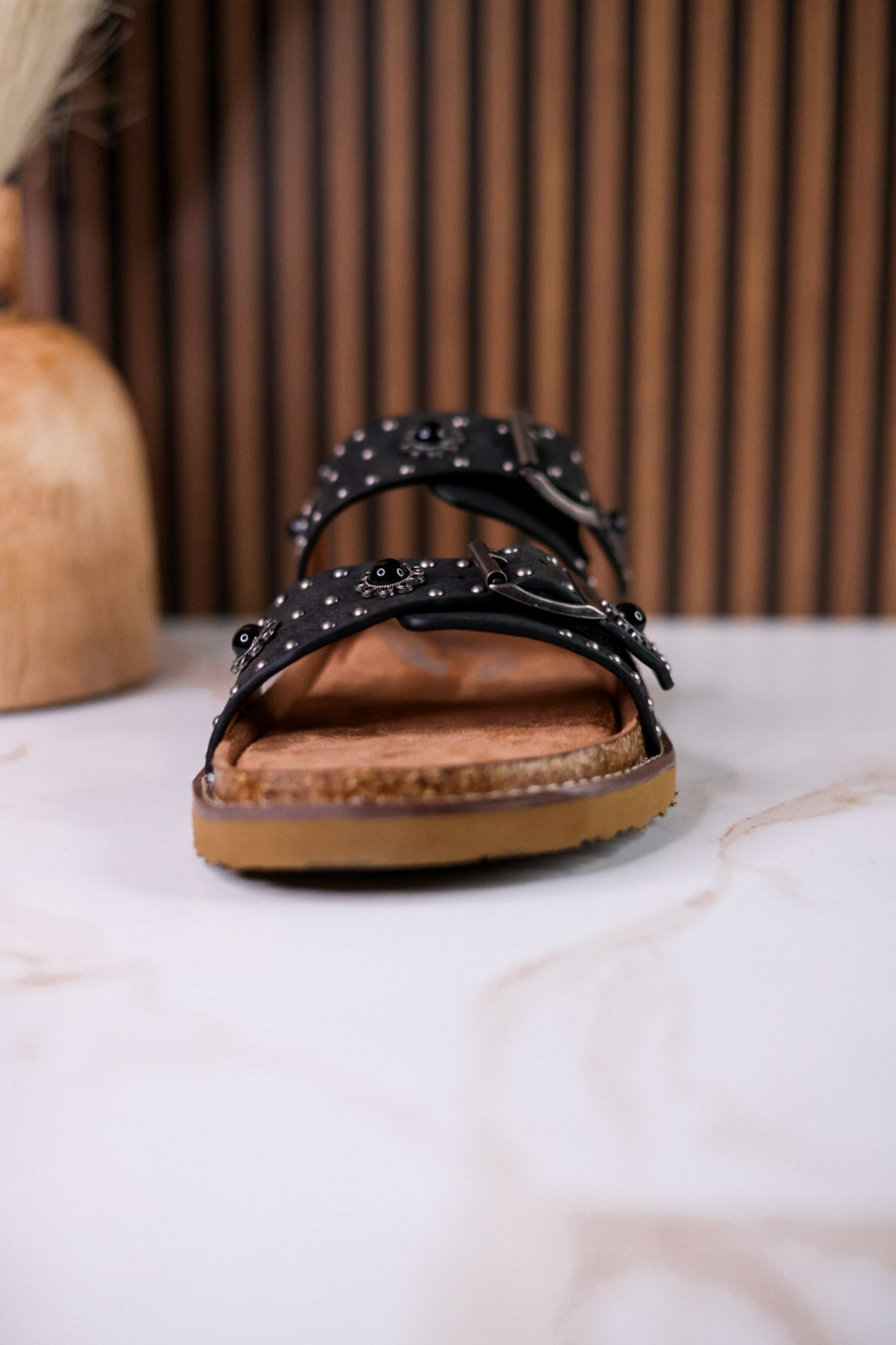"Connie" Black Sandals With Flat Studs & Floral Accents - Whiskey Skies - VERY G