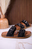 "Connie" Black Sandals With Flat Studs & Floral Accents - Whiskey Skies - VERY G