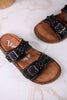 "Connie" Black Sandals With Flat Studs & Floral Accents - Whiskey Skies - VERY G