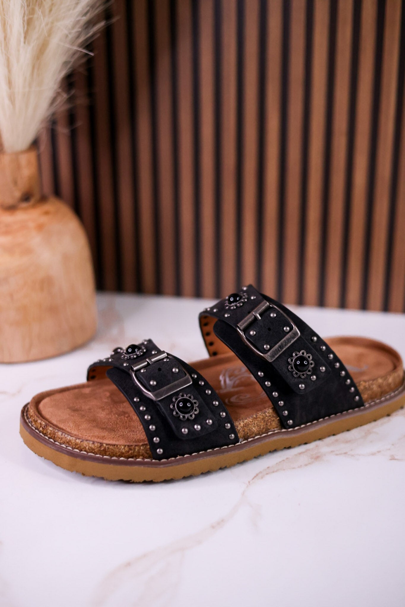 "Connie" Black Sandals With Flat Studs & Floral Accents - Whiskey Skies - VERY G