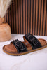 "Connie" Black Sandals With Flat Studs & Floral Accents - Whiskey Skies - VERY G