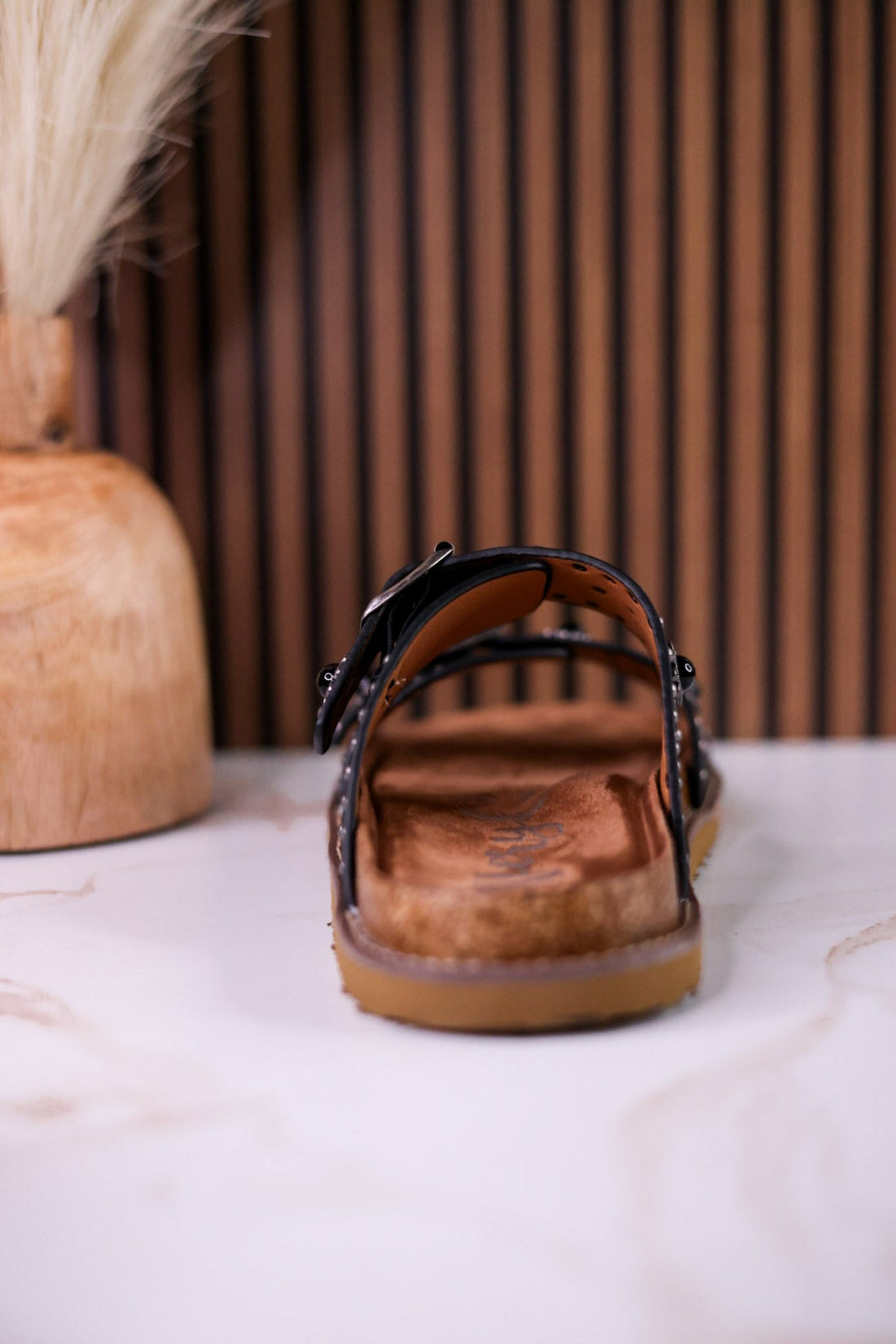 "Connie" Black Sandals With Flat Studs & Floral Accents - Whiskey Skies - VERY G