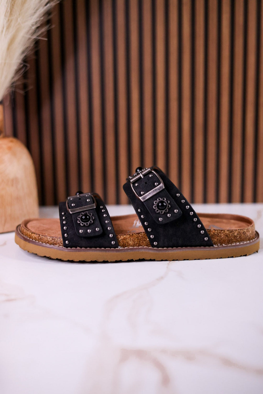 "Connie" Black Sandals With Flat Studs & Floral Accents - Whiskey Skies - VERY G