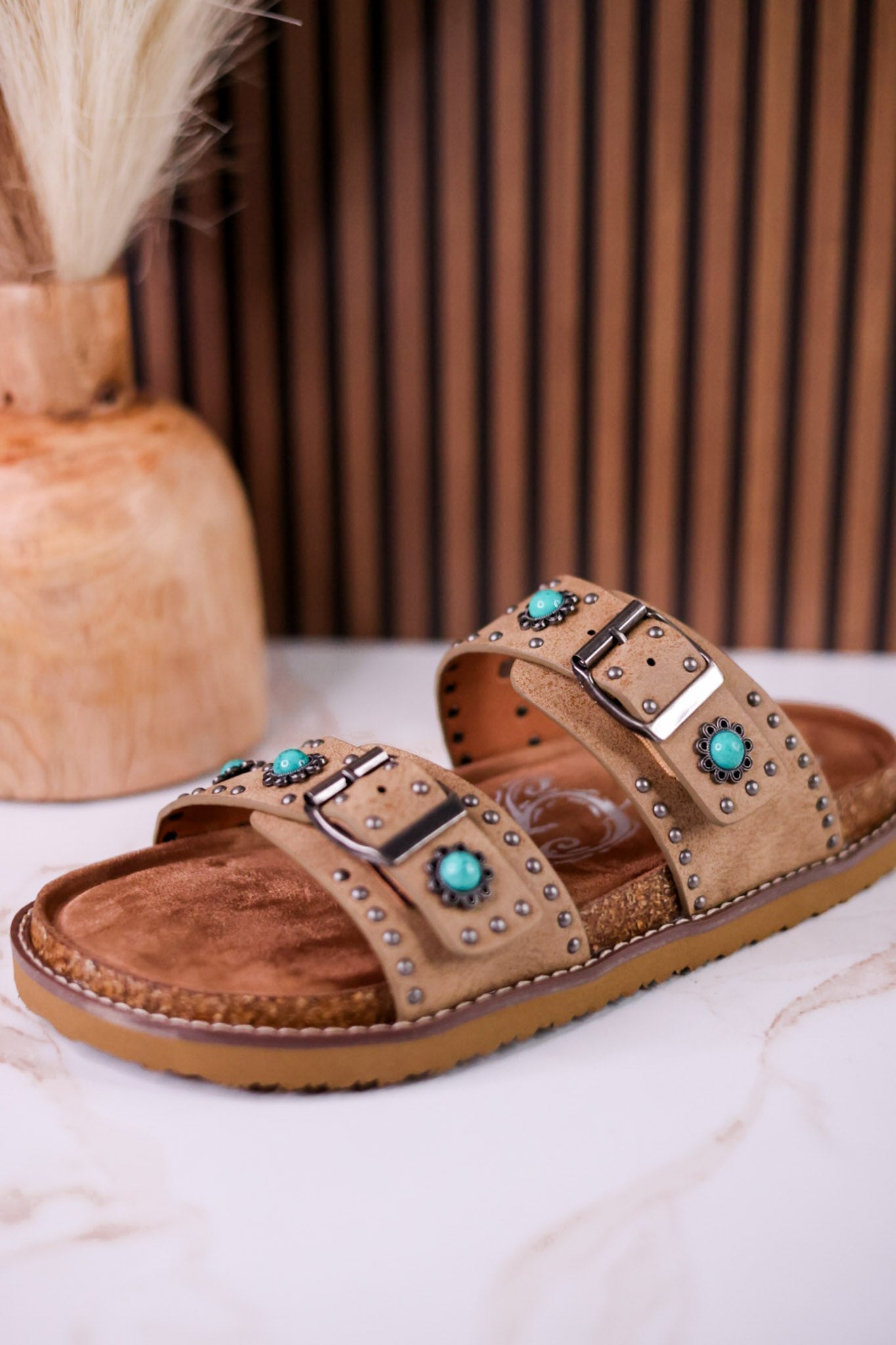 "Connie" Taupe Sandals With Studs & Turquoise Flower Accents - Whiskey Skies - VERY G