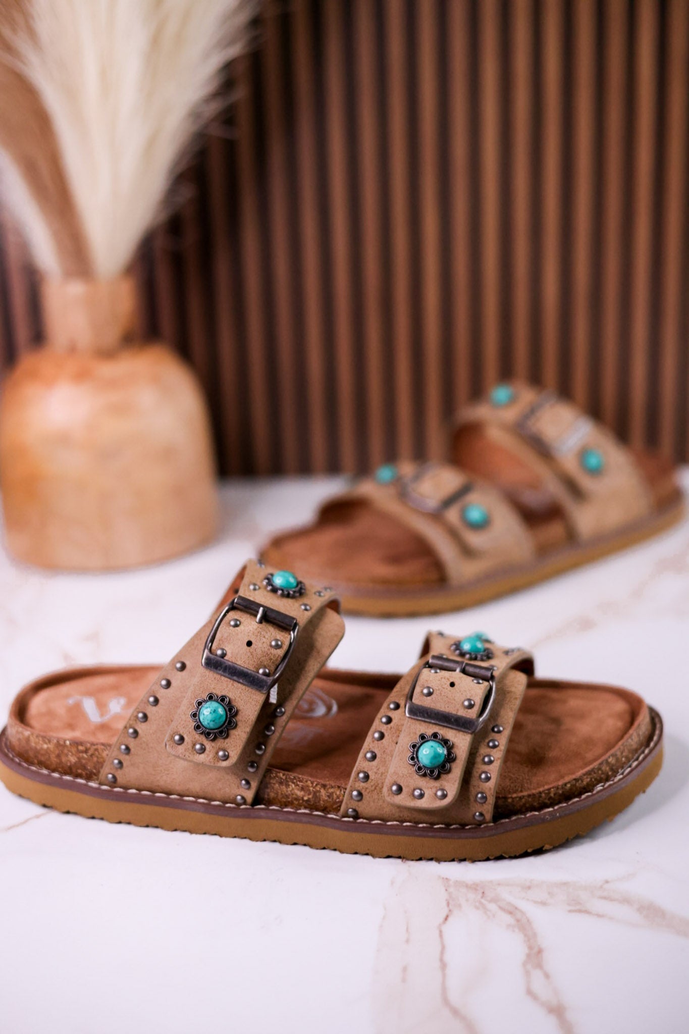 "Connie" Taupe Sandals With Studs & Turquoise Flower Accents - Whiskey Skies - VERY G